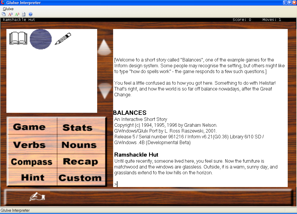 Screenshot of the beginning of the game using [[Windows Glulxe]]<br>