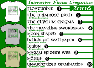 The IFComp 2006 t-shirt design as it appeared on the t-shirt ordering page. The design is shown on different t-shirt colors.